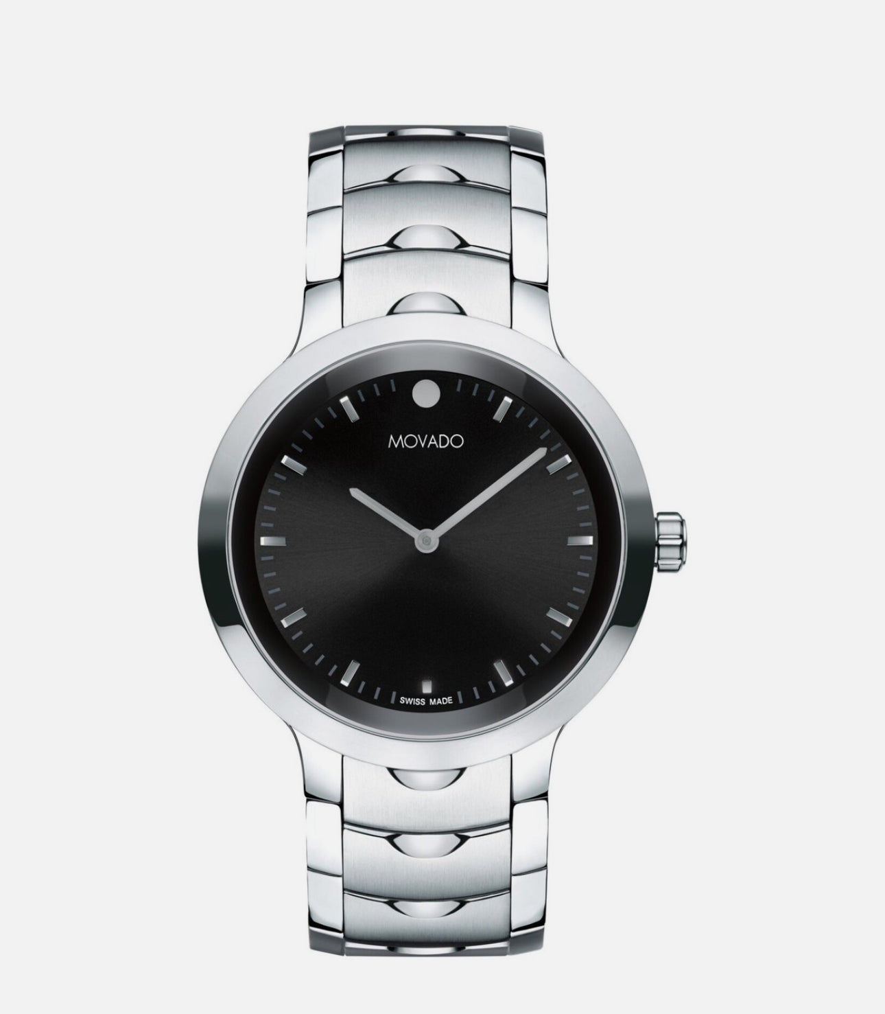 Silver Movado watch with black dial on a white background