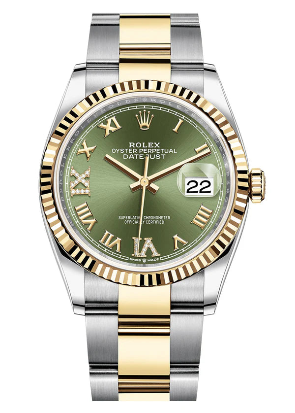 Luxury watch with green dial and gold and silver band on white background