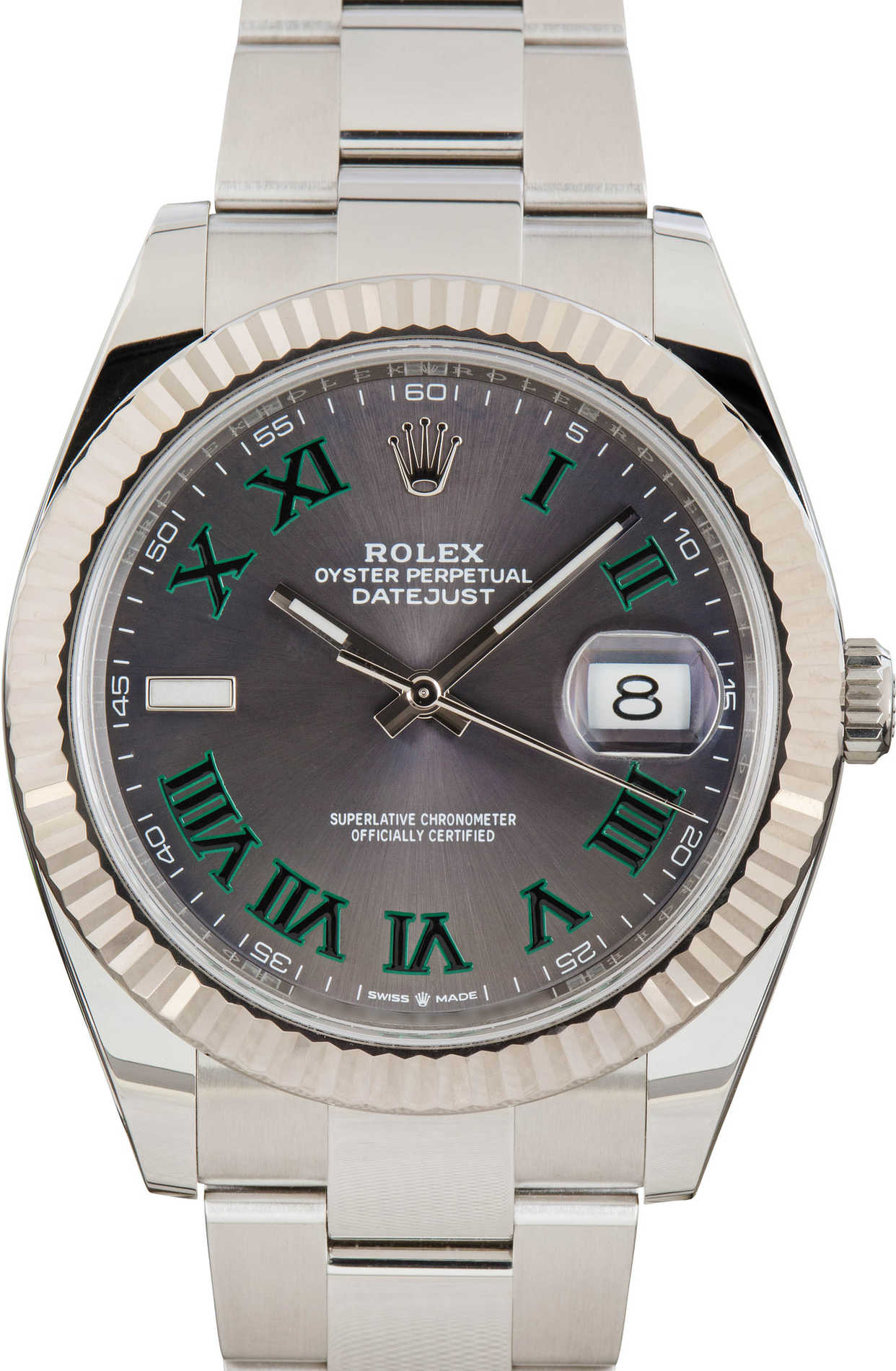 Silver Rolex watch with a gray face and green Roman numerals on a white background