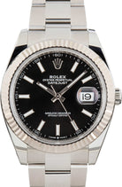 Rolex watch with black dial and silver metal strap on a white background