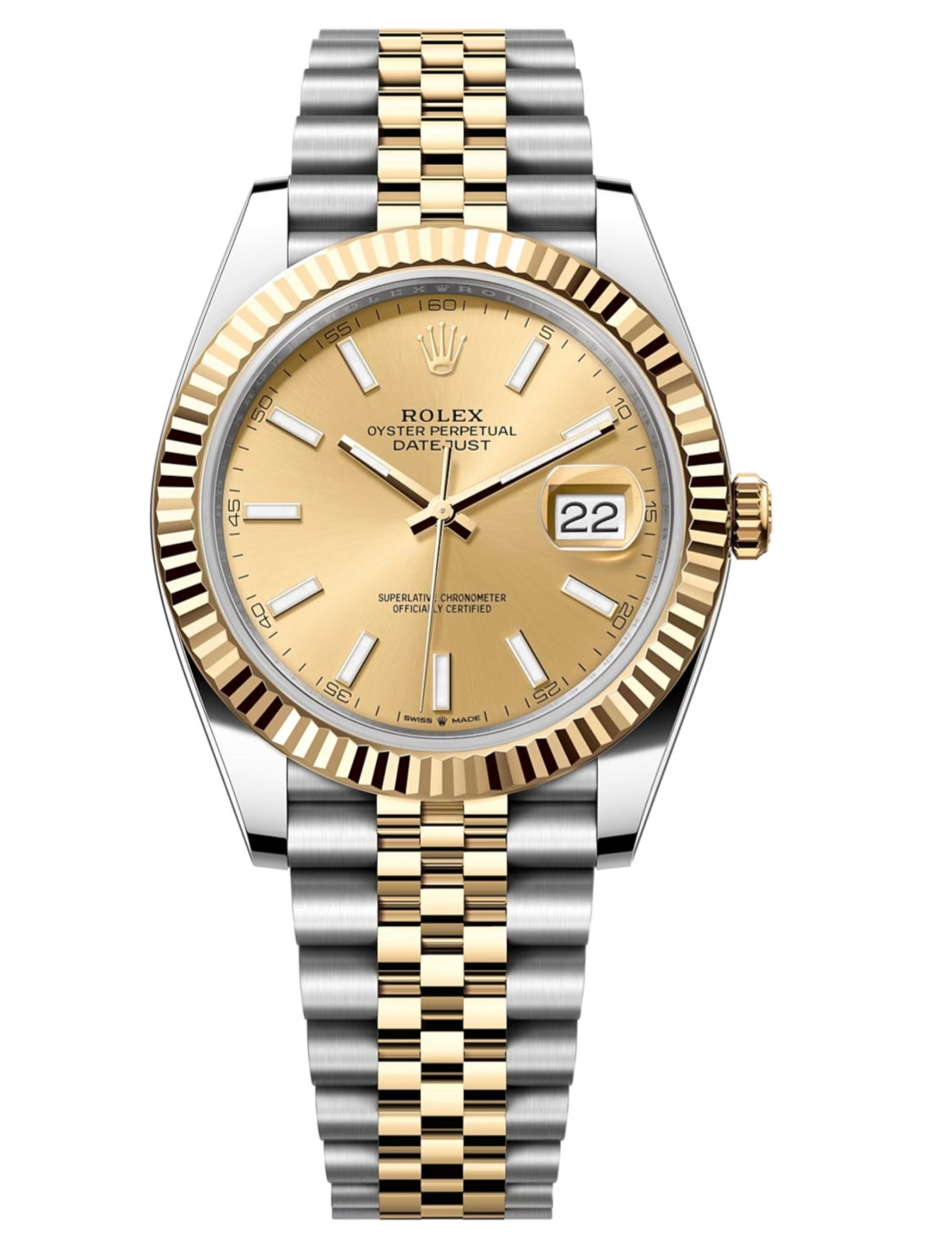 Two-tone Rolex watch with gold and silver band on a white background