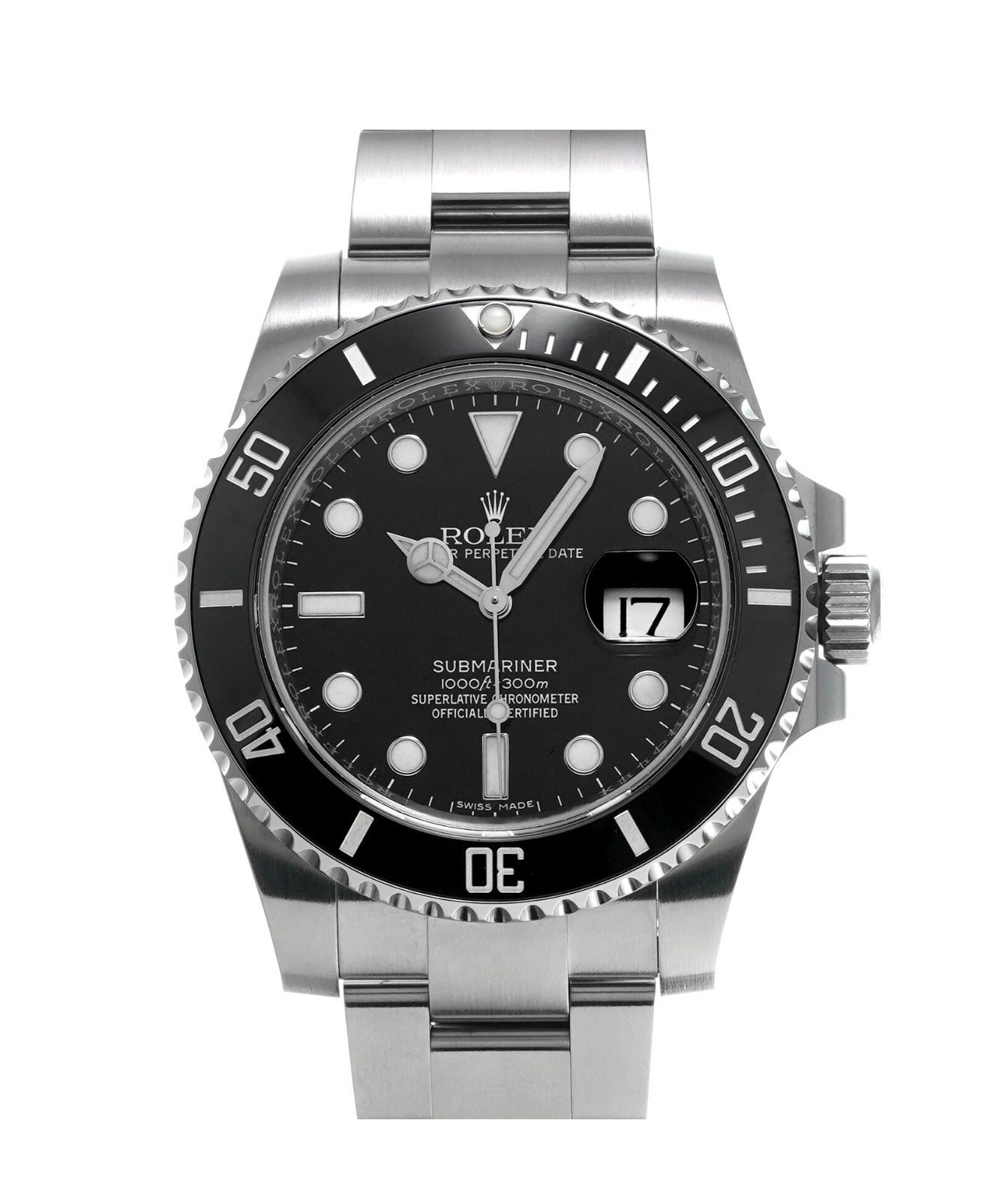 Rolex Submariner watch with black dial and silver case on a white background