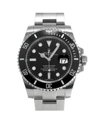 Rolex Submariner watch with black dial and silver case on a white background