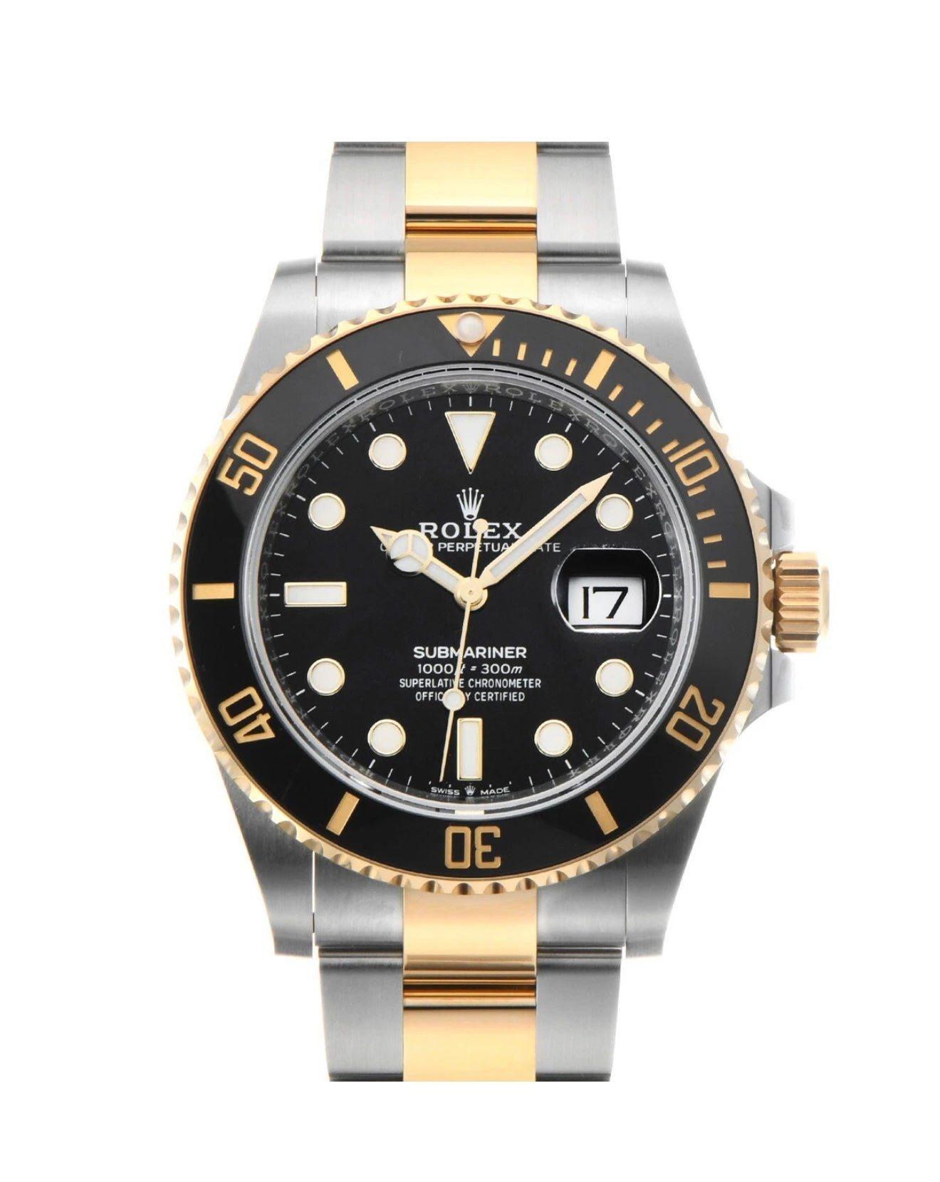 Two-tone watch with black face on a white background