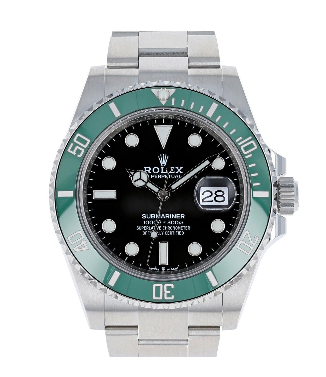 Rolex watch with black face and green bezel on a white background