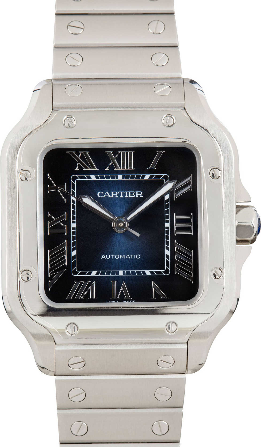 Cartier watch with black face and silver metal case on a white background