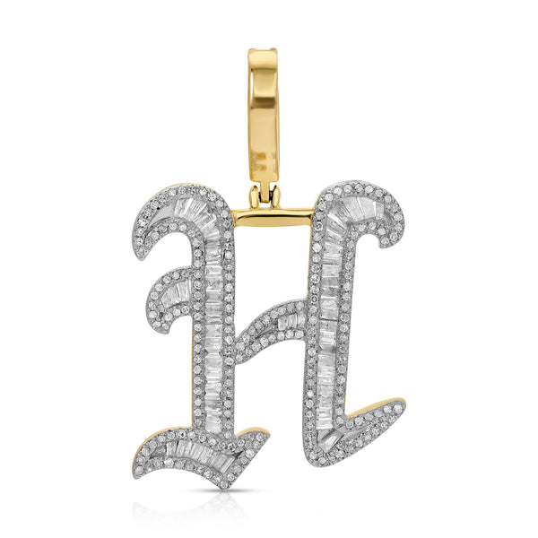 10K Yellow Gold Baguette Diamond H Initial Pendant